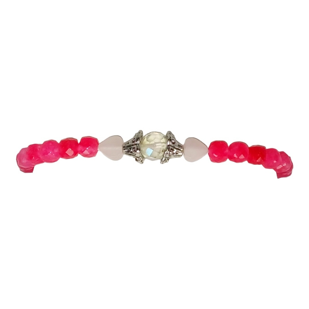 Hot Pink Quartz Rose Quartz Crystal Hearts Stretch Bracelet Lovecore Coquette